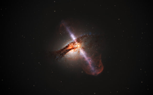 Concetto artistico di una galassia con getti relativistici provenienti dal buco nero supermassiccio al suo centro (Immagine ESA/Hubble, L. Calçada (ESO))