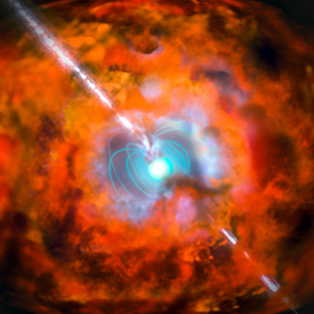 Concetto artistico di una supernova con un lampo gamma di lunga durata e una magnetar (Immagine ESO)