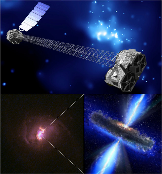 In alto, una rappresentazione artistica del telescopio spaziale NuSTAR (NASA/JPL-Caltech). In basso a sinistra, una delle galassie esaminate da NuSTAR (Hubble Legacy Archive, NASA, ESA). In basso a destra, rappresentazione artistica di un buco nero supermassiccio nascosto nella galassia che lo ospita (NASA/ESA)