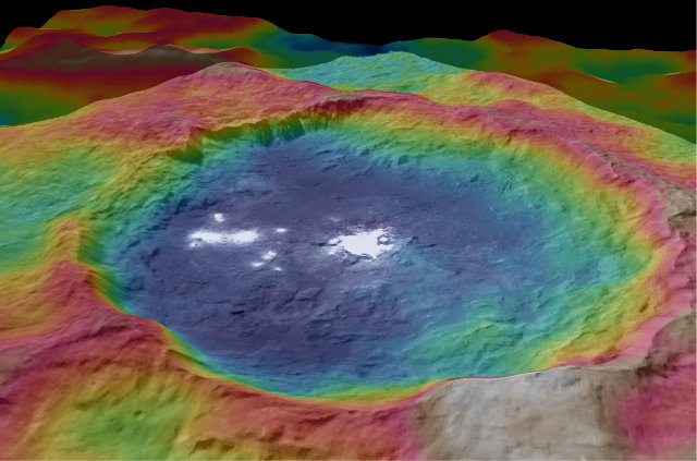 Mappa topografica del cratere Occator con le sue macchie bianche (Immagine NASA/JPL-Caltech/UCLA/MPS/DLR/IDA)