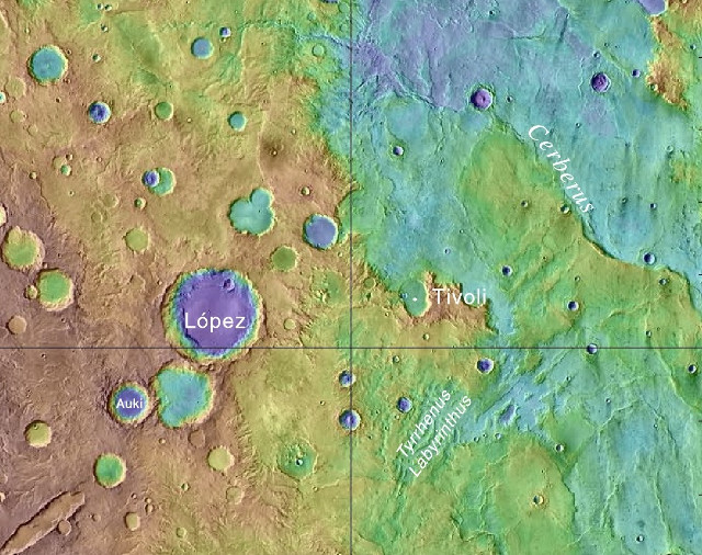 Mappa topografica della regione in cui si trova il cratere Auki (Immagine NASA/USGS)