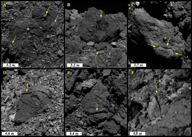Sgretolamenti e fratture lineari in rocce sull'asteroide Bennu