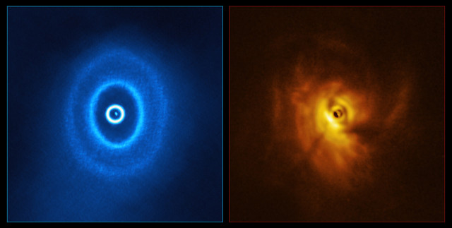 GW Orionis visto da ALMA e SPHERE (Immagine ALMA (ESO/NAOJ/NRAO), ESO/Exeter/Kraus et al.)