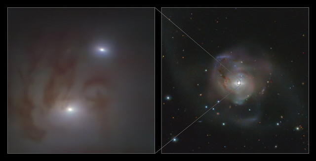 La galassia NGC 7727 e il particolare dei suoi buchi neri supermassicci visti dal VLT