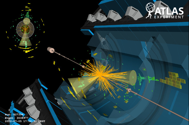 Collisioni a 13,6 TeV rilevate dall'esperimento ATLAS di LHC (Immagine cortesia Collaborazione ATLAS/CERN)