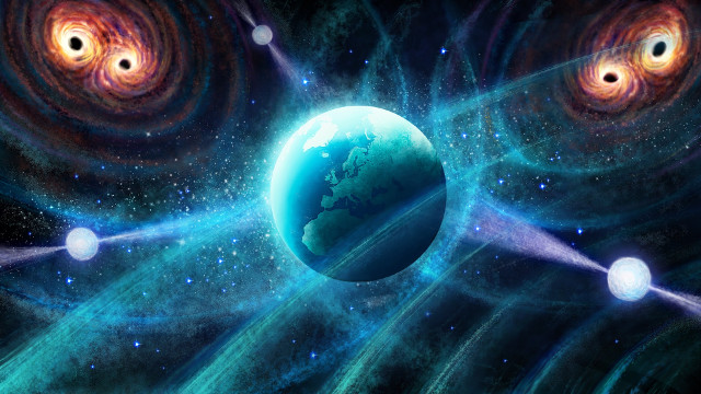 Schema della Terra come centro di rilevazione di onde gravitazionali a bassissima frequenza emesse da coppie di buchi neri supermassicci (in alto) usando le pulsar (in basso) (Immagine cortesia EPTA)