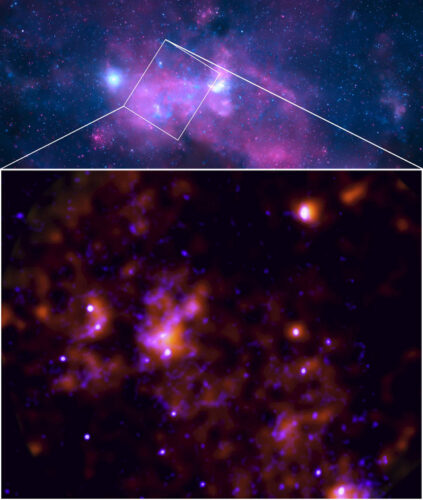 L'area attorno a Sagittarius A* (Immagine IXPE: NASA/MSFC/F. Marin et al; Chandra: NASA/CXC/SAO; Image Processing: L.Frattare, J.Major & K.Arcand)