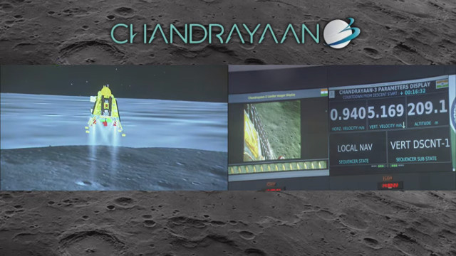 Animazione del Il lander Vikram e del rover Pragyan durante l'allunaggio (sulla sinistra) e la situazione reale (sulla destra) (Immagine cortesia ISRO)