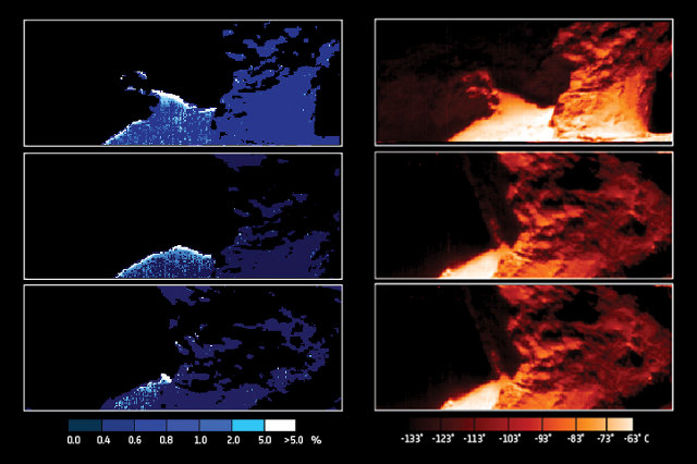 Mappe dell’abbondanza di ghiaccio d’acqua (a sinistra) e temperature superficiale (a destra) della regione della cometa 67P/Churyumov–Gerasimenko chiamata Hapi (Immagine ESA/Rosetta/VIRTIS/INAF-IAPS/OBS DE PARIS-LESIA/DLR; M.C. De Sanctis et al (2015))