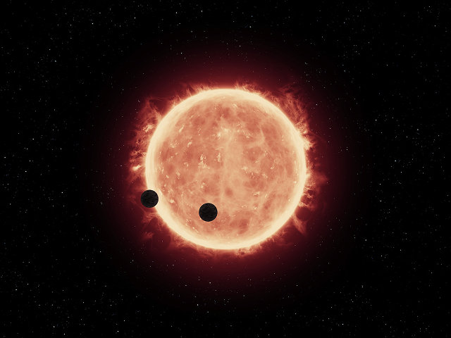 Concetto artistico di due esopianeti in transito di fronte alla stella TRAPPIST-1 (Immagine NASA/ESA/STScI/J. de Wit (MIT))