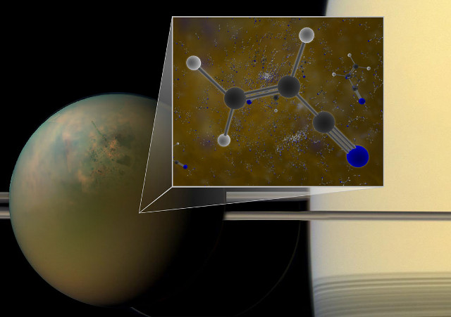 Titano e una molecola di cianuro di vinile (Immagine B. Saxton (NRAO/AUI/NSF); NASA)