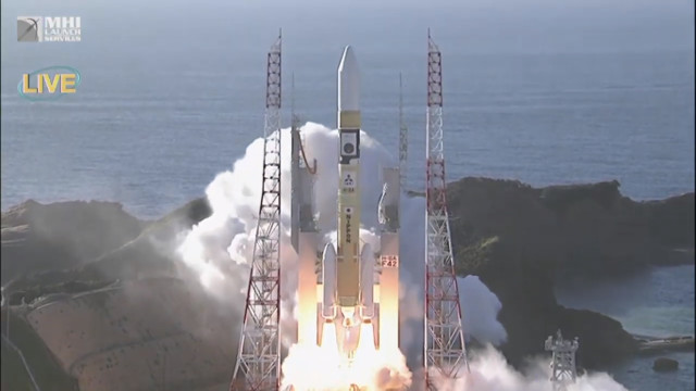 La sonda spaziale Hope al decollo su un razzo vettore H-IIA (Immagine cortesia MHI / JAXA)