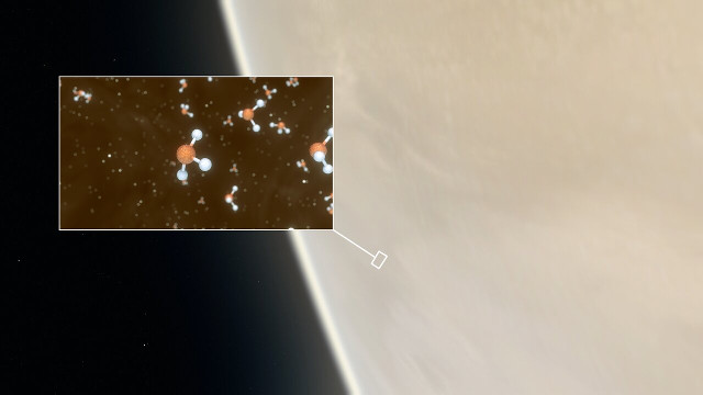 Concetto artistico di Venere con la molecola di fosfina nel riquadro (Immagine ESO/M. Kornmesser/L. Calçada & NASA/JPL/Caltech)
