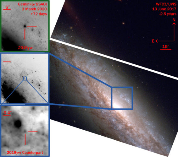 Viste della supernova 2019yvr e della probabile stella progenitore