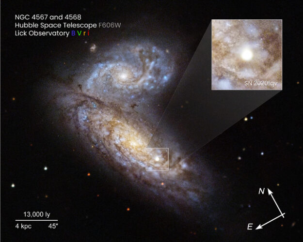 Le galassie NGC 4567 (in alto) e NGC 4568 (in basso) con supernova SN 2020fqv nel riquadro