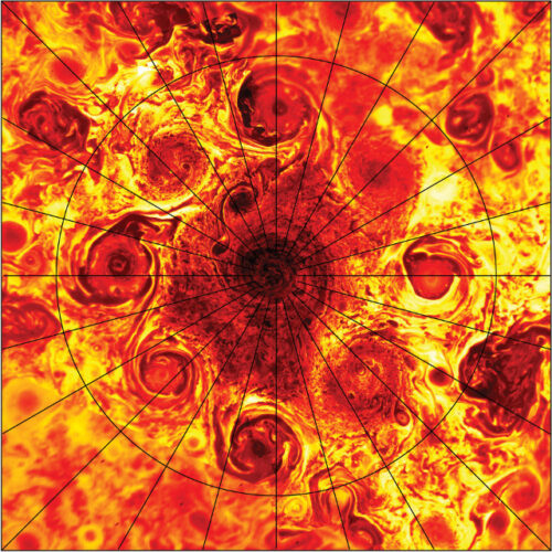 Il polo nord di Giove con otto cicloni che circondano un ciclone centrale