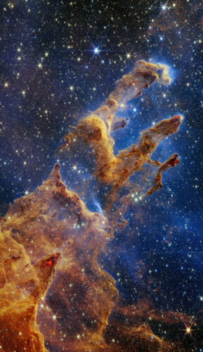 I Pilastri della Creazione visti dal telescopio spaziale James Webb (Immagine NASA, ESA, CSA, STScI; J. DePasquale, A. Koekemoer, A. Pagan (STScI))