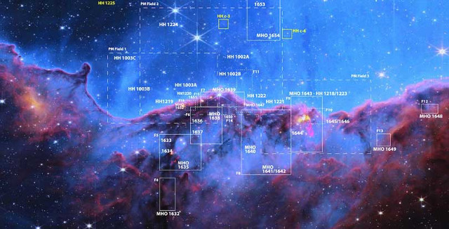 Un'area delle Scogliere Cosmiche viste dallo strumento Near-Infrared Camera (NIRCam) del telescopio spaziale James Webb con le indicazioni dei getti associati alle stelle che si stanno formando