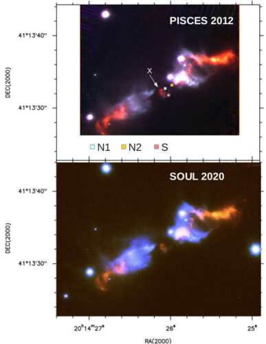 Fotografie della protostella IRAS20126+4104 e dei suoi getti di materiali scattate nel 2012 e nel 2020 usando gli strumenti FLAO/PISCES e SOUL/LUCI1