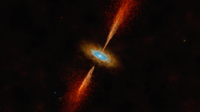 Concetto artistico del sistema di HH 1177 con i getti polari e il disco circumstellare (Immagine ESO/M. Kornmesser)