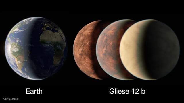 La Terra e concetti artistici che mostrano l'esopianeta Gliese 12 b in diverse possibili versioni che vanno dall'assenza di atmosfera a un'atmosfera molto densa come quella di Venere