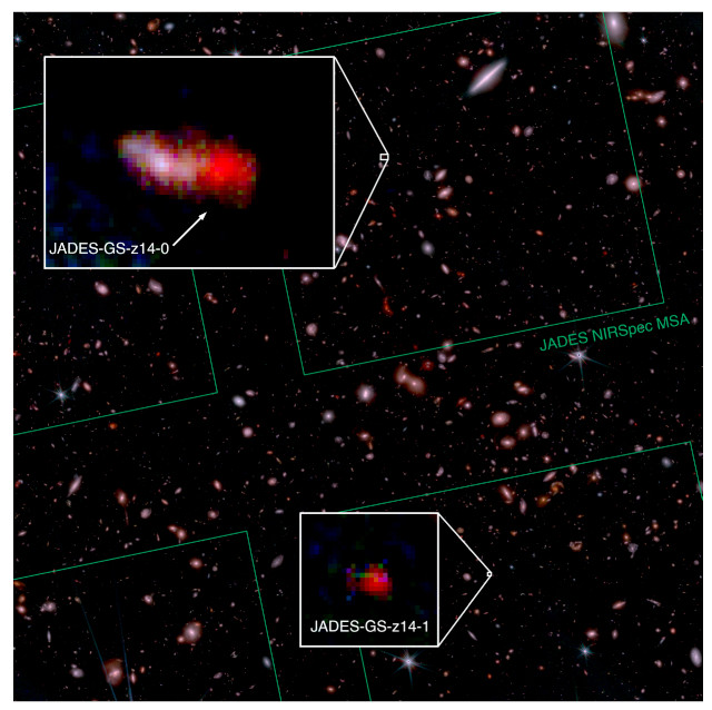 Le galassie JADES-Gs-z14-0 e JADES-Gs-z14-1 viste dal telescopio spaziale James Webb, anche ingrandite nei riquadri