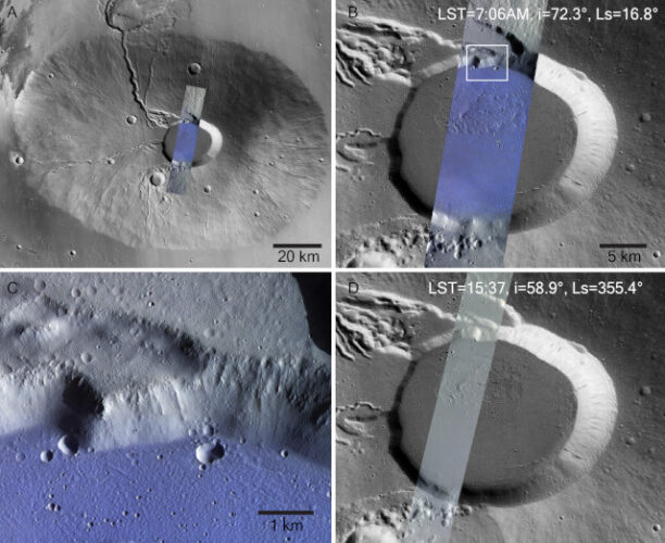 Il vulcano di Ceraunius Tholus visto dallo strumento CaSSIS della sonda spaziale TGO con la brina in un colore bluastro