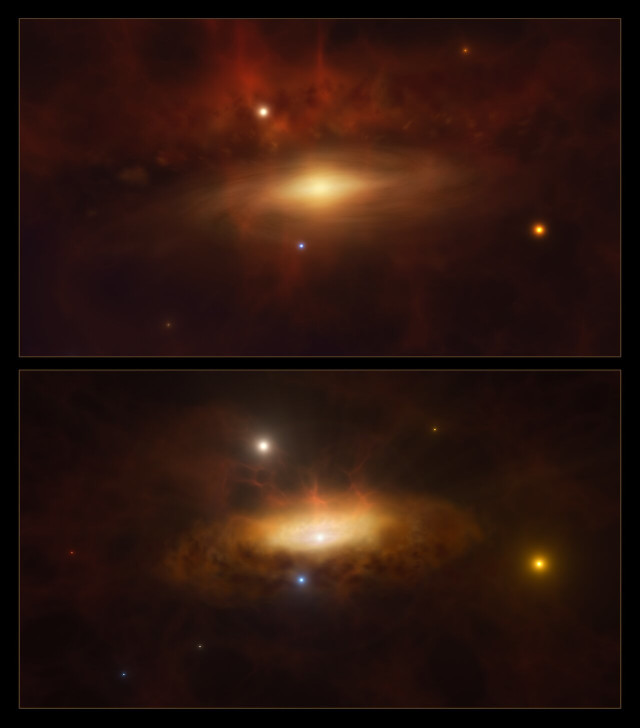 Una rappresentazione artistica di due fasi della formazione di un disco di gas e polveri attorno al buco nero supermassiccio al centro della galassia SDSS1335+0728