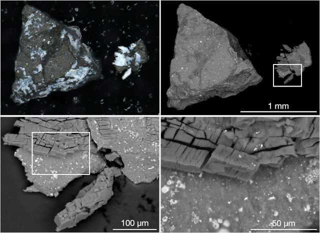 In alto a sinistra un campione prelevato sull'asteroide Bennu e nei successivi riquadri viste sempre più ingrandite di un frammento che si è staccato lungo una vena luminosa che contiene fosfato, catturata al microscopio elettronico