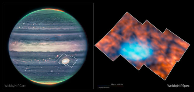 Sulla sinistra il pianeta Giove visto dallo strumento Near-Infrared Camera (NIRCam) del telescopio spaziale James Webb e sulla destra la Grande Macchia Rossa osservata dallo strumento Near-InfraRed Spectrograph (NIRSpec)