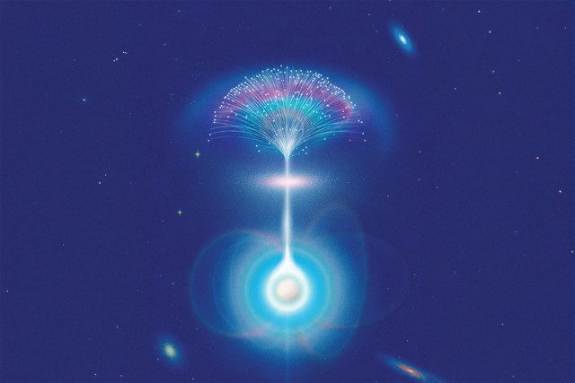 Concetto artistico di una stella di neutroni che emette un lampo radio veloce dalla sua magnetosfera (Immagine cortesia Daniel Liévano, edited by MIT News)