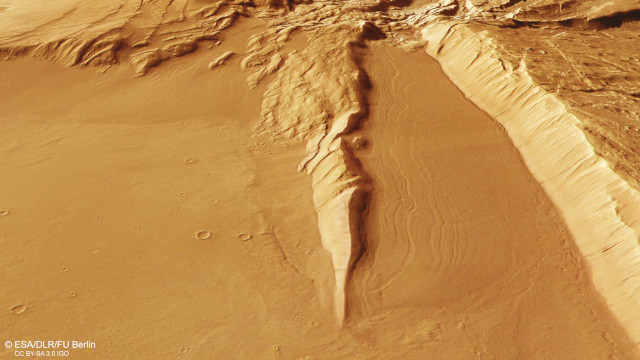 Particolare di Acheron Fossae in prospettiva (Immagine ESA/DLR/FU Berlin (CC BY-SA 3.0 IGO))