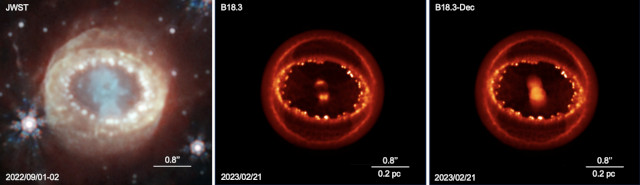 sinistra i resti della supernova SN 1987A visti dal telescopio spaziale James Webb e negli altri due riquadri la simulazione della distribuzione di densità dei resti, che includono i materiali ricchi di ferro, e la morfologia attuale di quei resti.