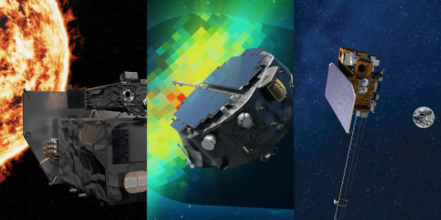 Rappresentazione artistica delle sonde spaziali Carruthers Geocorona Observatory, IMAP (Interstellar Mapping and Acceleration Probe) e Space Weather Follow On-Lagrange 1 (SWFO-L1) (Immagine NASA)