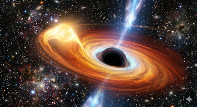 Una rappresentazione artistica di un evento di distruzione mareale: una stella viene distrutta dalle intense forze mareali di un buco nero supermassiccio, mentre parte della sua materia forma un disco di accrescimento attorno a esso. (Immagine generata da Google