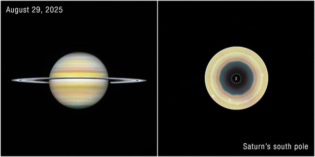Due viste di Saturno ottenute grazie al telescopio spaziale Hubble. Sulla destra, la vista del polo sud del pianeta, con il decagono oggetto di questo studio